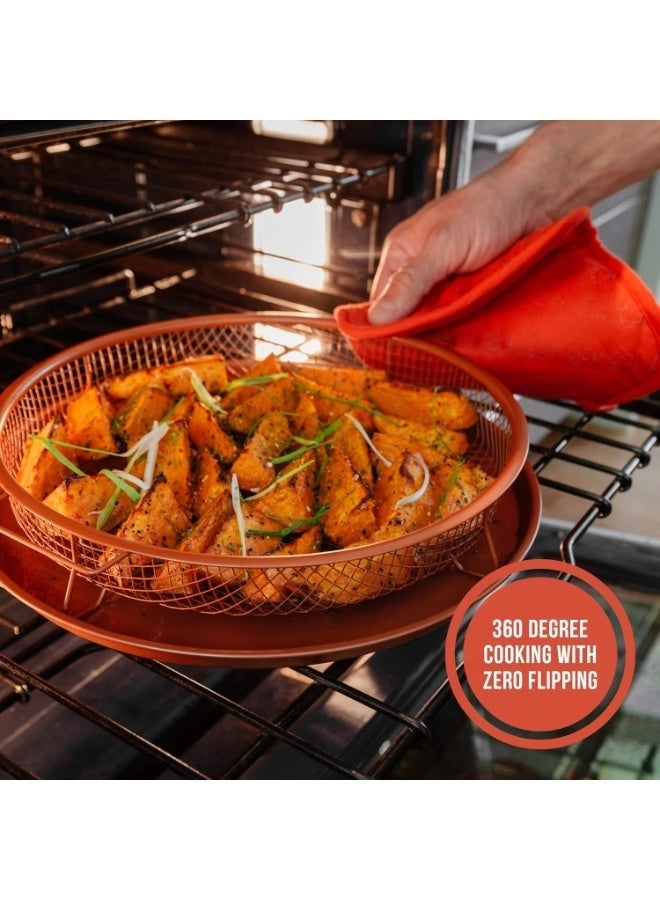 صينية تحمير مكوَّن من سلة شبك مرتفعة وصينية خبز دائرية يمنحك بطاطس وفراخ مقرمشة في الفرن بدون زيت تقريبًا، حيث يدور الهواء الساخن 360 درجة حول الأكل لقرمشة مثالية مع دهون أقل. - Image 5